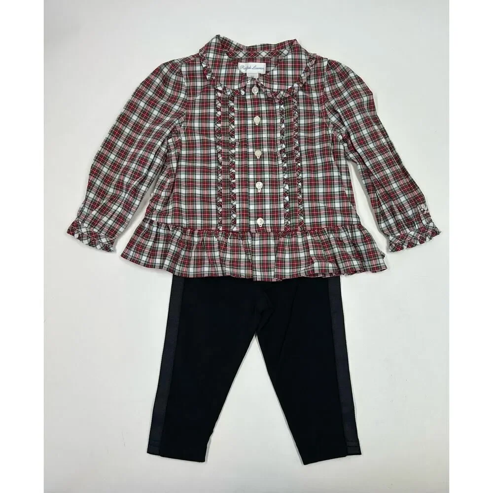 Polo Ralph Lauren Baby Girl 2 Piece Holiday Red and Green‎ Plaid Set Size 9M